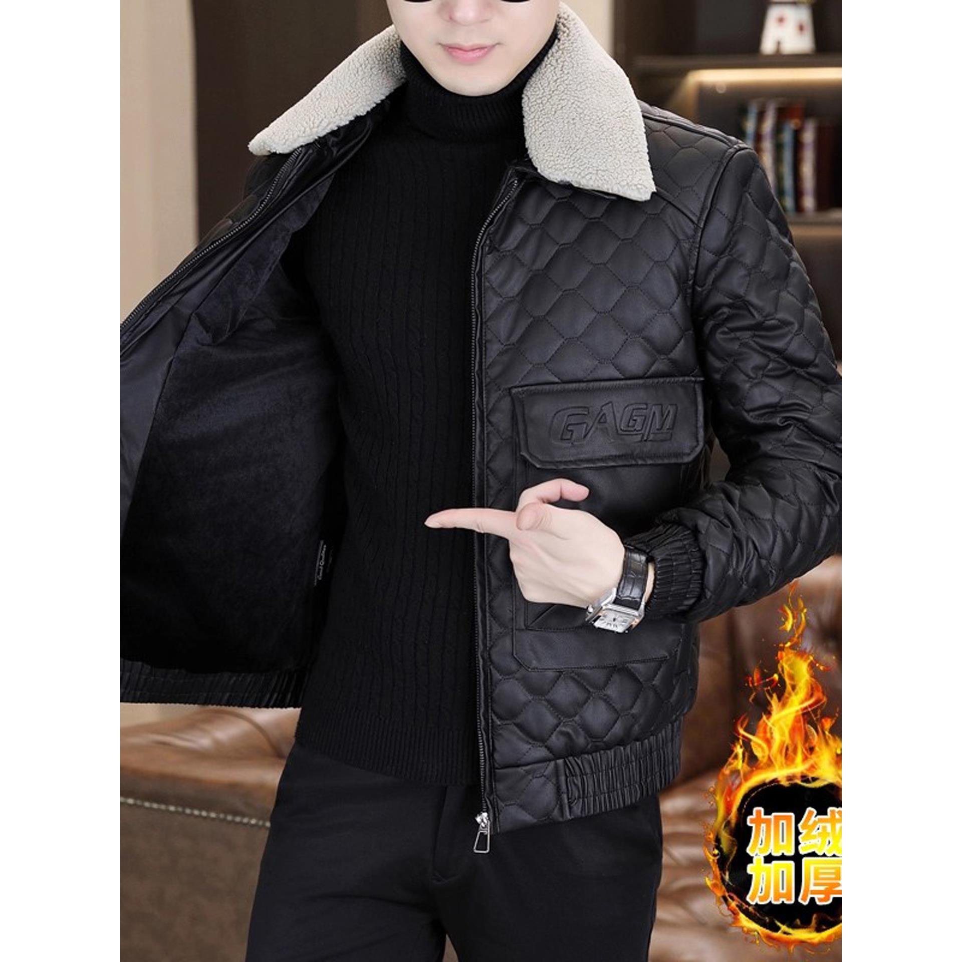 加绒厚皮夹克男士外套2025冬季新款羊羔毛领棉服短款保暖派克袄子