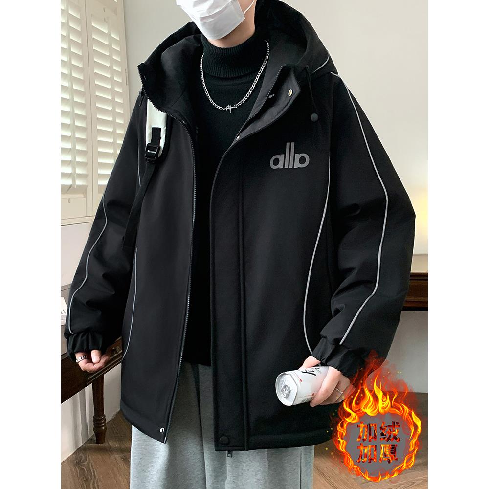 美式潮牌棉衣男秋冬季高端轻奢外套宽松百搭加绒加厚连帽工装夹克