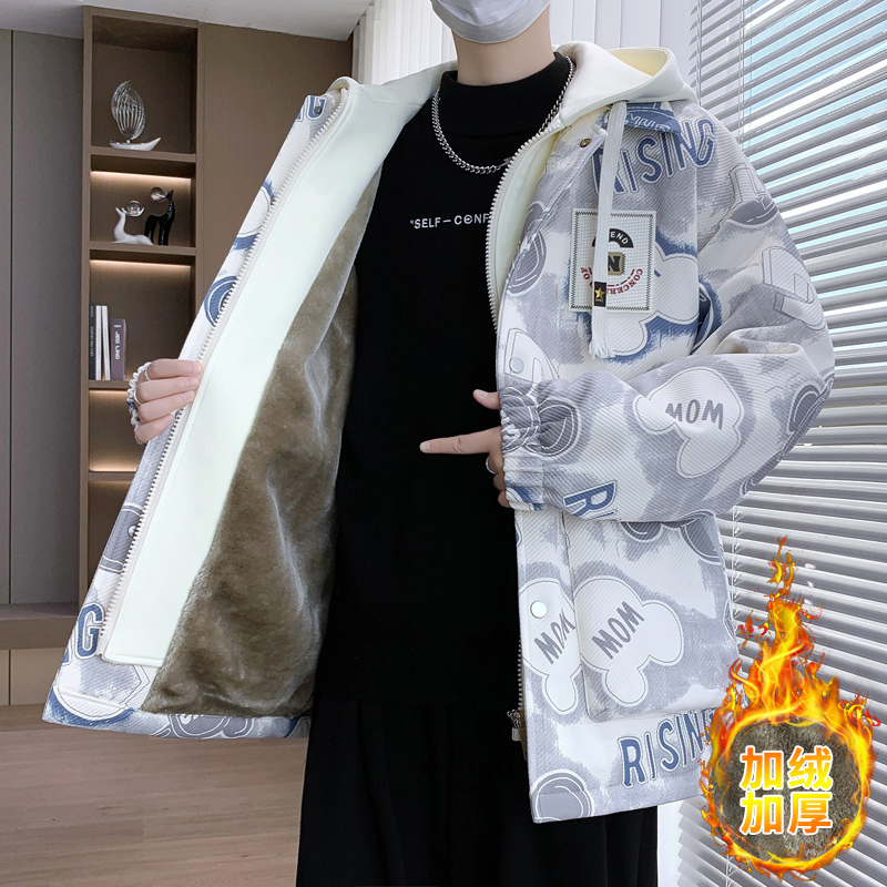 加绒加厚秋冬季外套男2025新款潮牌印花连帽棉衣青少年保暖棉袄子