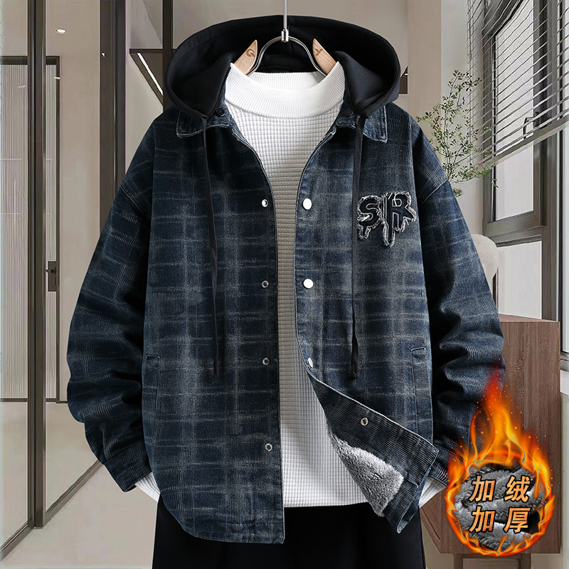 加绒加厚牛仔外套男可脱卸连帽保暖夹克2025冬季格子刺绣复古棉服