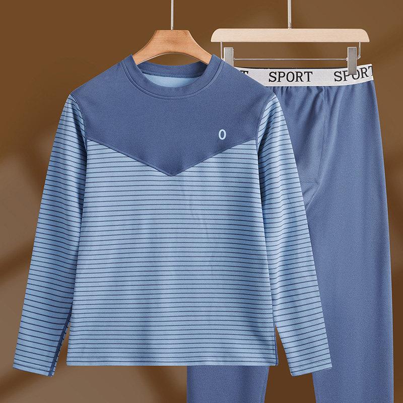 圆领男士条纹保暖内衣加厚男生秋衣秋裤冬季内搭男款套装棉毛衫男