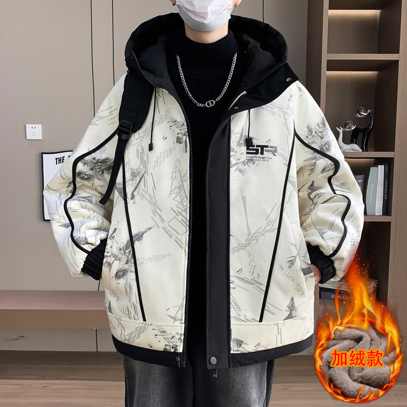 连帽外套男士秋冬季潮牌冲锋衣褂子青少年秋冬加绒加厚夹克上衣服