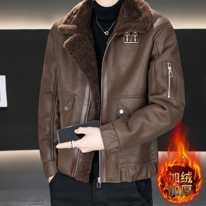 冬季新款皮毛一体皮衣男加绒加厚保暖休闲机车服皮夹克棉衣外套