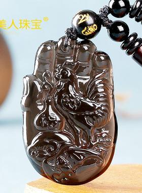 2023兔年属鸡吉祥物龙鸡争辉吊坠天然黑曜石男女项链挂件