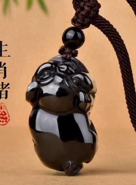 天然黑曜石猪吊坠十二生肖立体可爱黑色小猪项链挂件男女礼物饰品