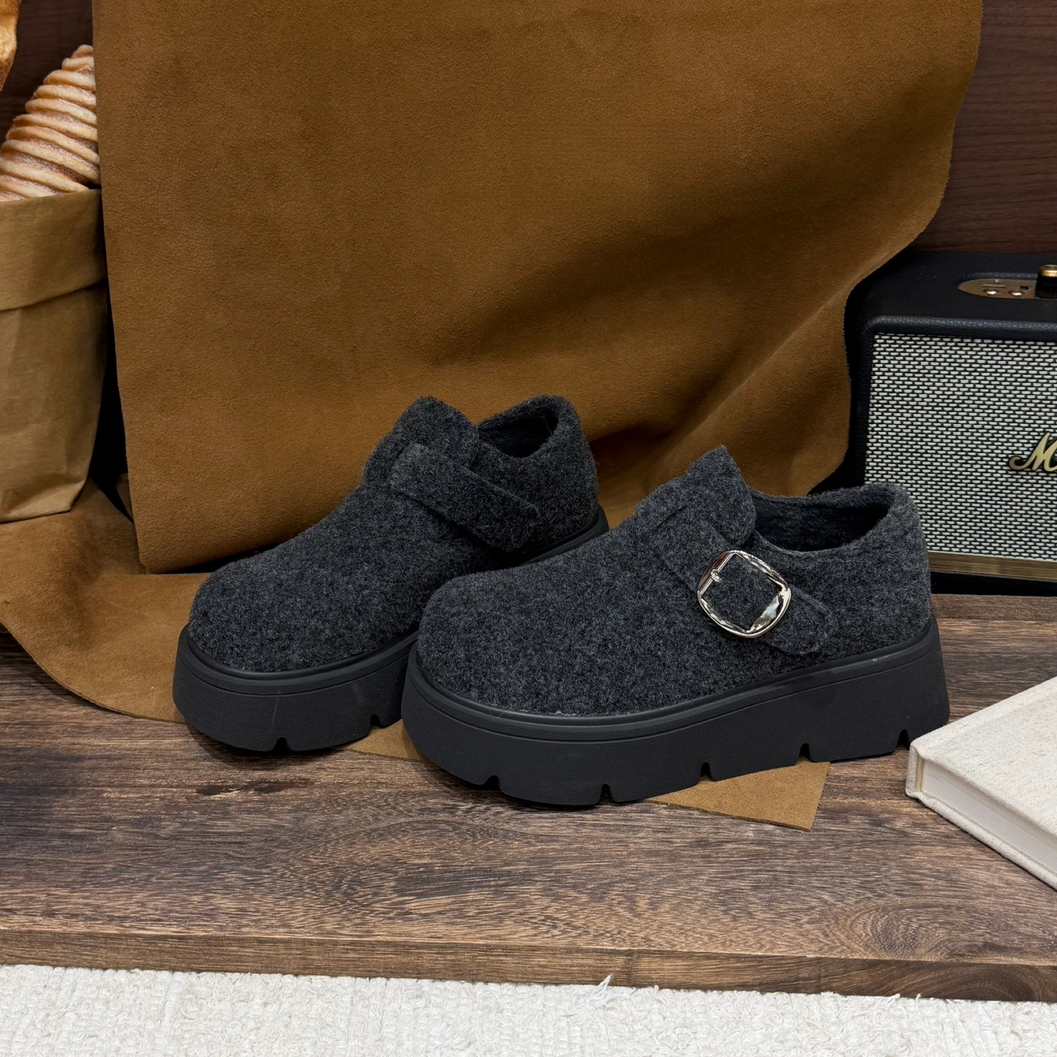 格雷高级灰加绒厚底勃肯鞋