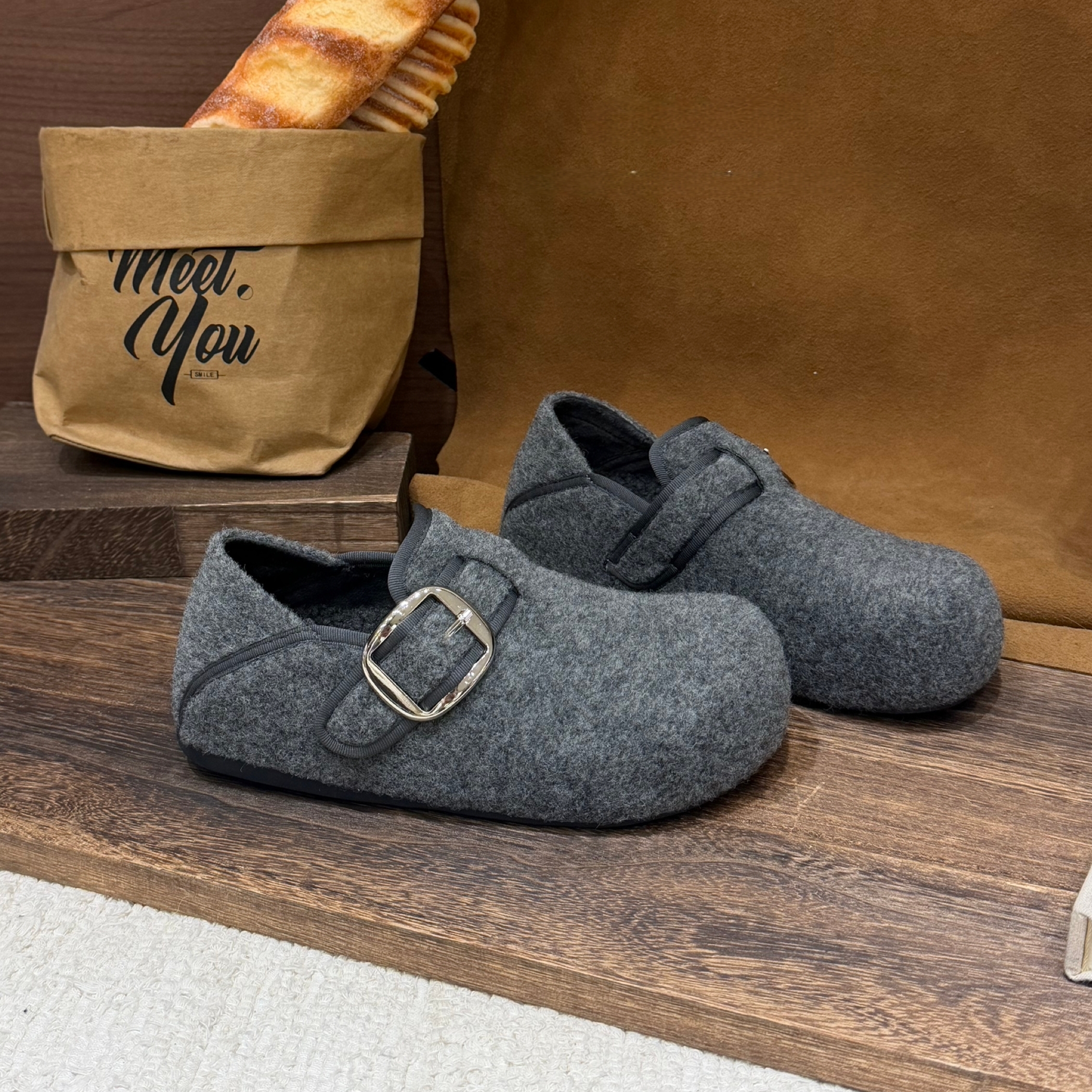 格雷灰内增高加绒厚底勃肯