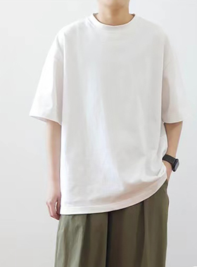 夏季日系复古纯色短袖T恤男女基础款宽松休闲圆领打底白色半袖衫