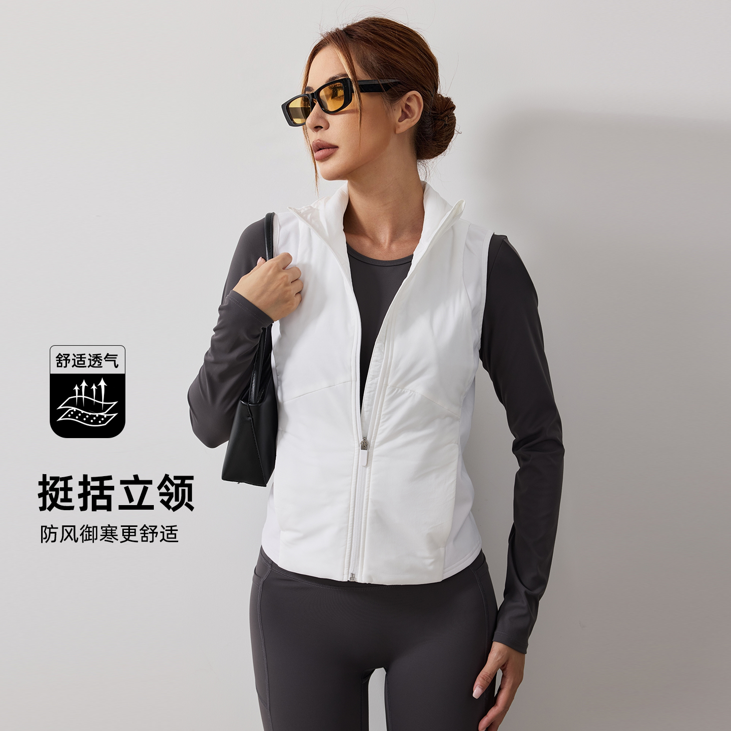 fitlife立领防风马甲女加绒内搭棉衣保暖坎肩运动无袖短款上衣
