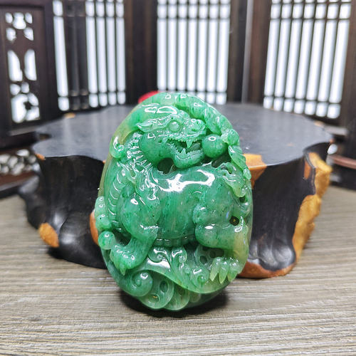 珍藏老坑南阳独玉满绿麒麟如意兽男士玉石挂件吊坠饰品挂饰证书