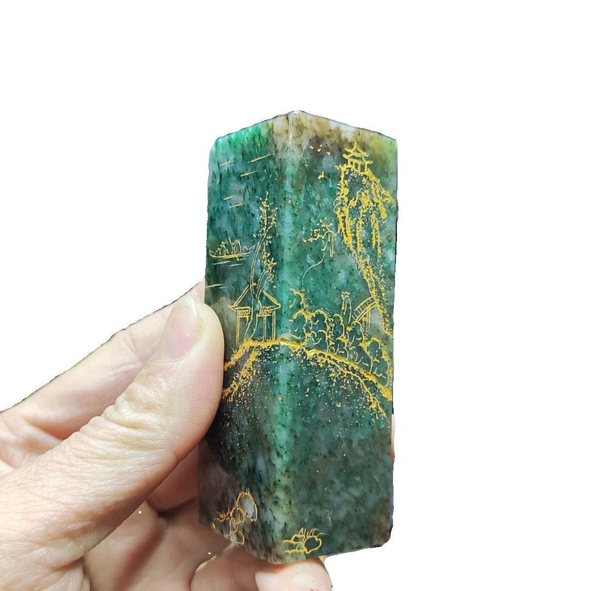 玉章 山水方章印章料 天然独山玉石天蓝绿料描金名章手章
