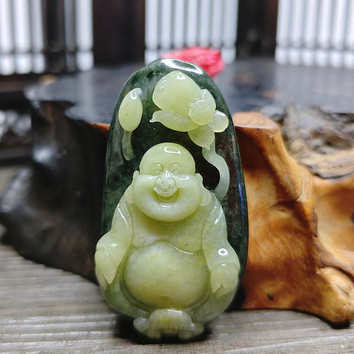 特惠独特 南阳独玉冰润绿白俏色玉佛女玉石吊坠挂件礼物证书