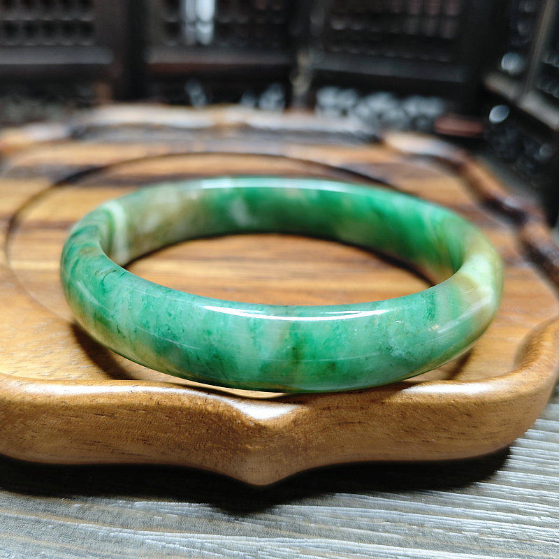 特惠南阳独玉冰润天蓝绿玉石大圈扁手镯内径61mm 04证书