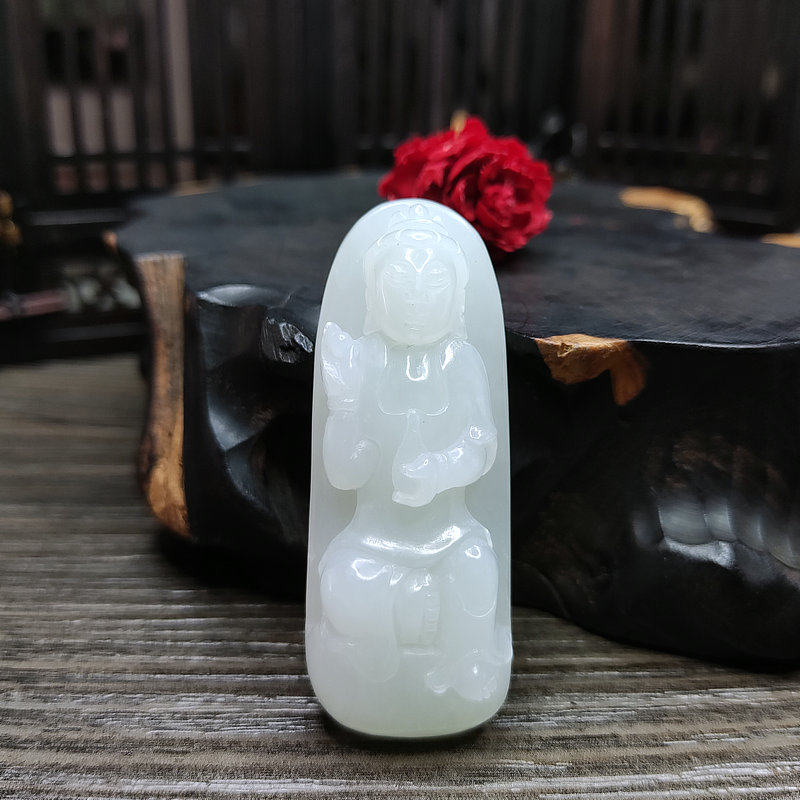 特价酬宾保真 天然和田白玉石自在观音菩萨平安护体 玉器吊坠挂件