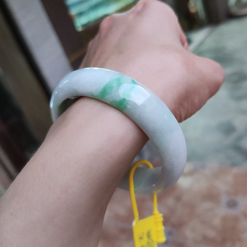 珍藏特价捡漏天然翡翠玉石A货飘翠厚装扁条手镯57圈口700759