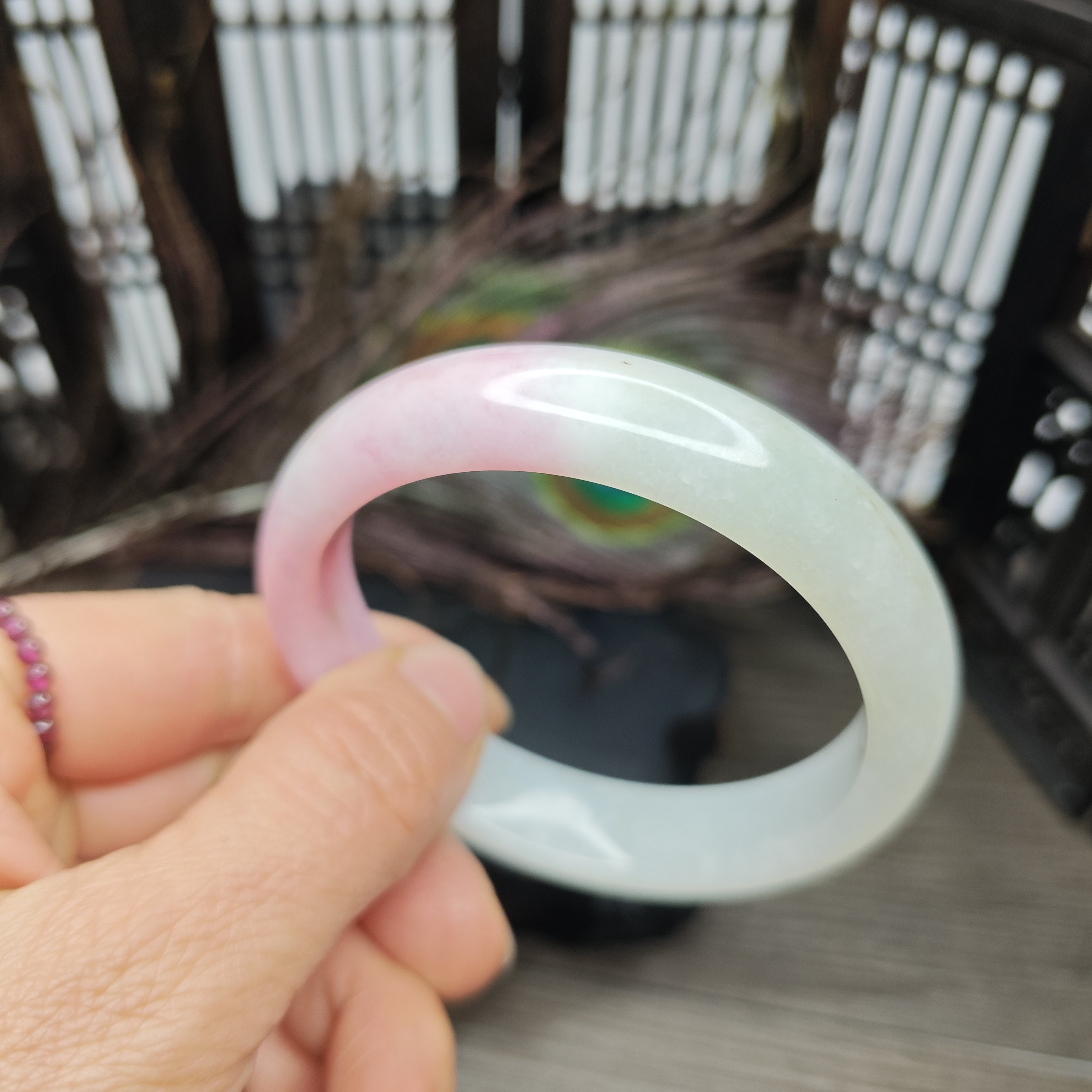 珍藏天然老坑南阳独玉冰润芙蓉玉红粉玉石扁条手镯内径58mm礼物