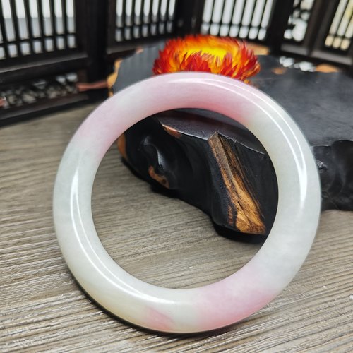 珍藏天然老坑南阳独玉芙蓉粉玉粉色复古圆条玉石手镯内径59mm证