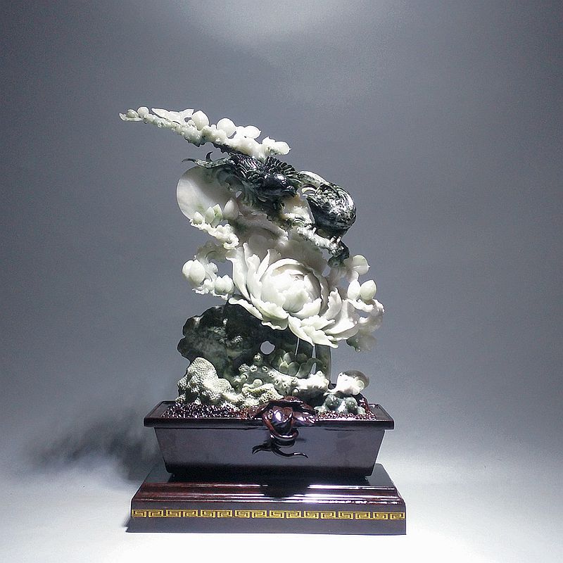 玉雕世家 花开富贵 花好月圆 独山玉立体花鸟新中式摆件 艺术礼品