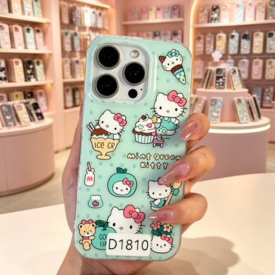 D1810 薄荷绿波点kitty亚克力硬背软边IMD 17promax苹果17pro新款iphone16pro保护套15创意防摔全包手机壳