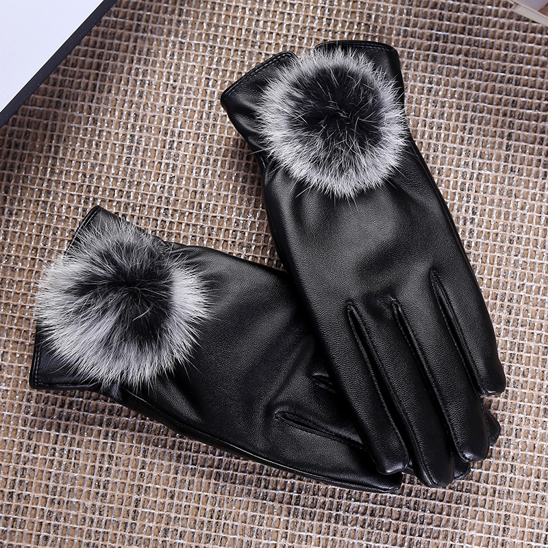 女士手套兔毛球显瘦秋冬加绒女式