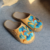 老北京布鞋 民国风平底刺绣汉服半拖 女一脚蹬棉麻绣花包头草编拖鞋