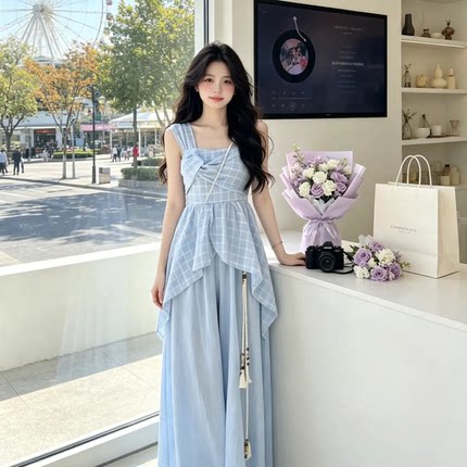 初夏独特绝美小套装女度假风蓝色格纹无袖背心搭配阔腿裤子两件套
