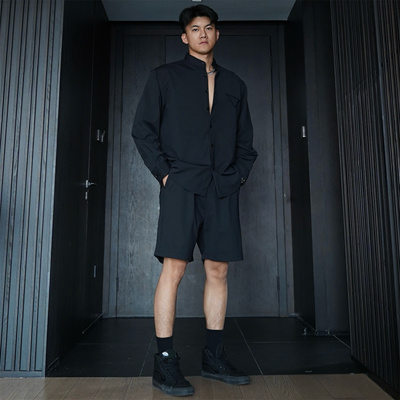 JZD春季立领衬衫短裤时尚套装男