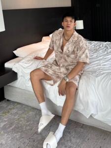 膀子哥 夏季痞帅宽松休闲时尚套装海岛度假蝴蝶纹理短袖衬衫短裤