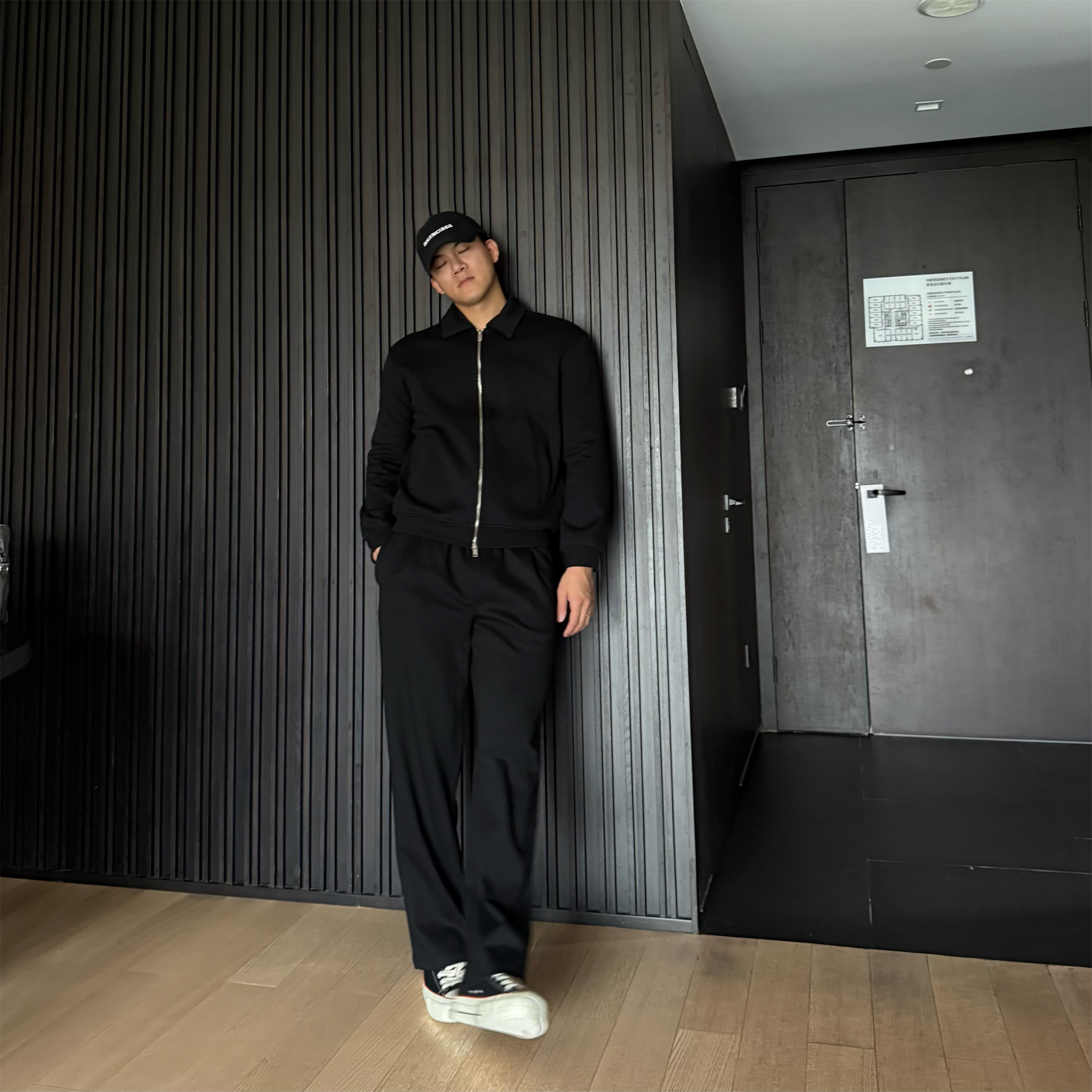 JZD 黑/浅灰 秋季美式运动休闲套装 近月纯色卫衣外套直筒卫裤男