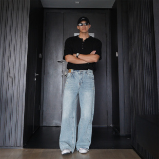 JZD 美式 高街复古水洗直筒显瘦阔腿百搭休闲牛仔裤 男 做旧时髦