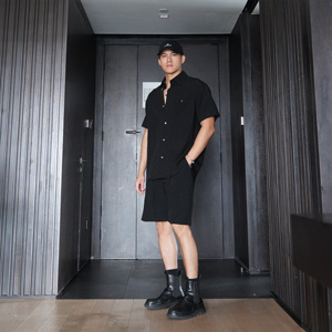JZD【度假穿搭】夏季垂感宽松休闲时尚套装短袖衬衫短裤两件套男