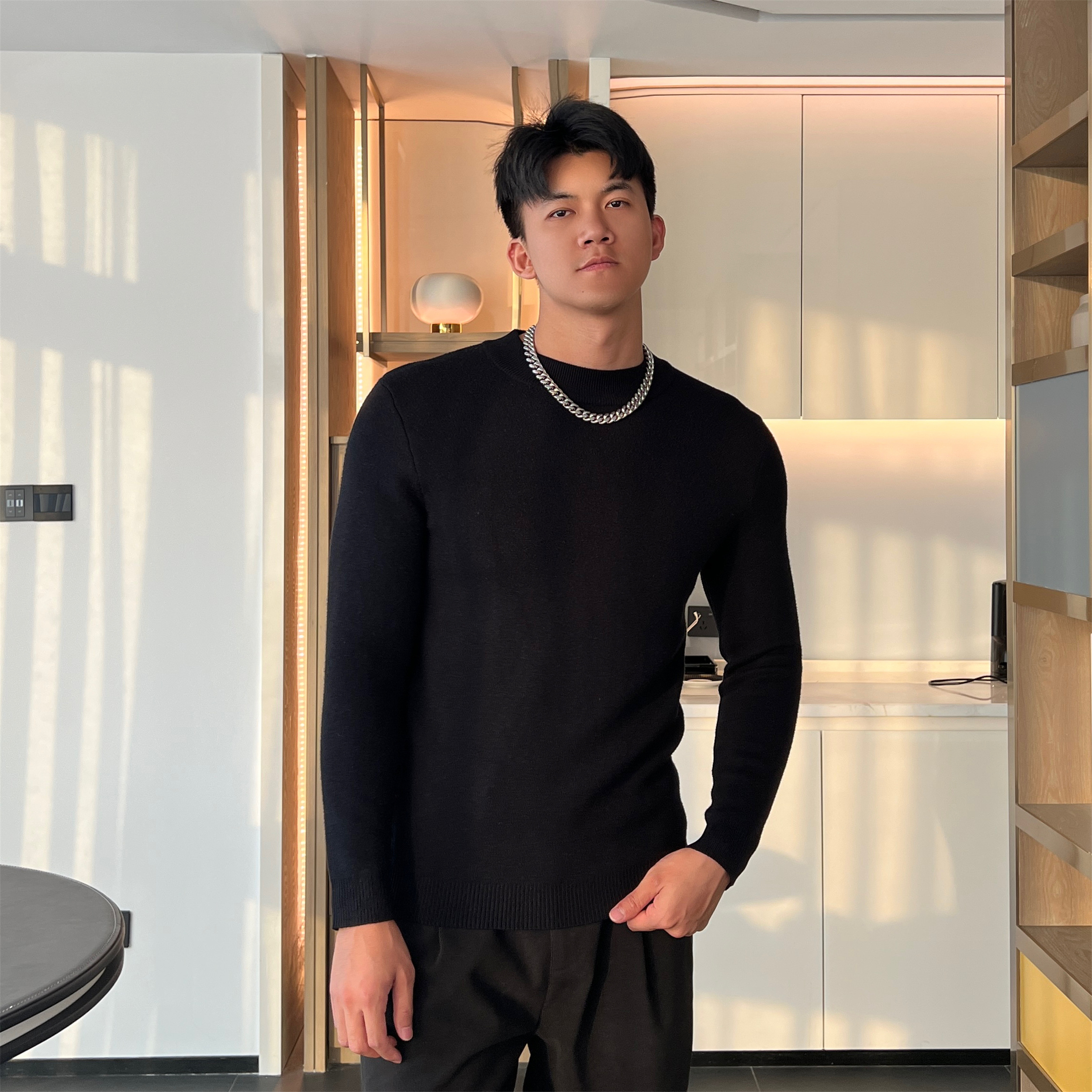 JZD冬季加绒保暖圆领毛衣针织衫