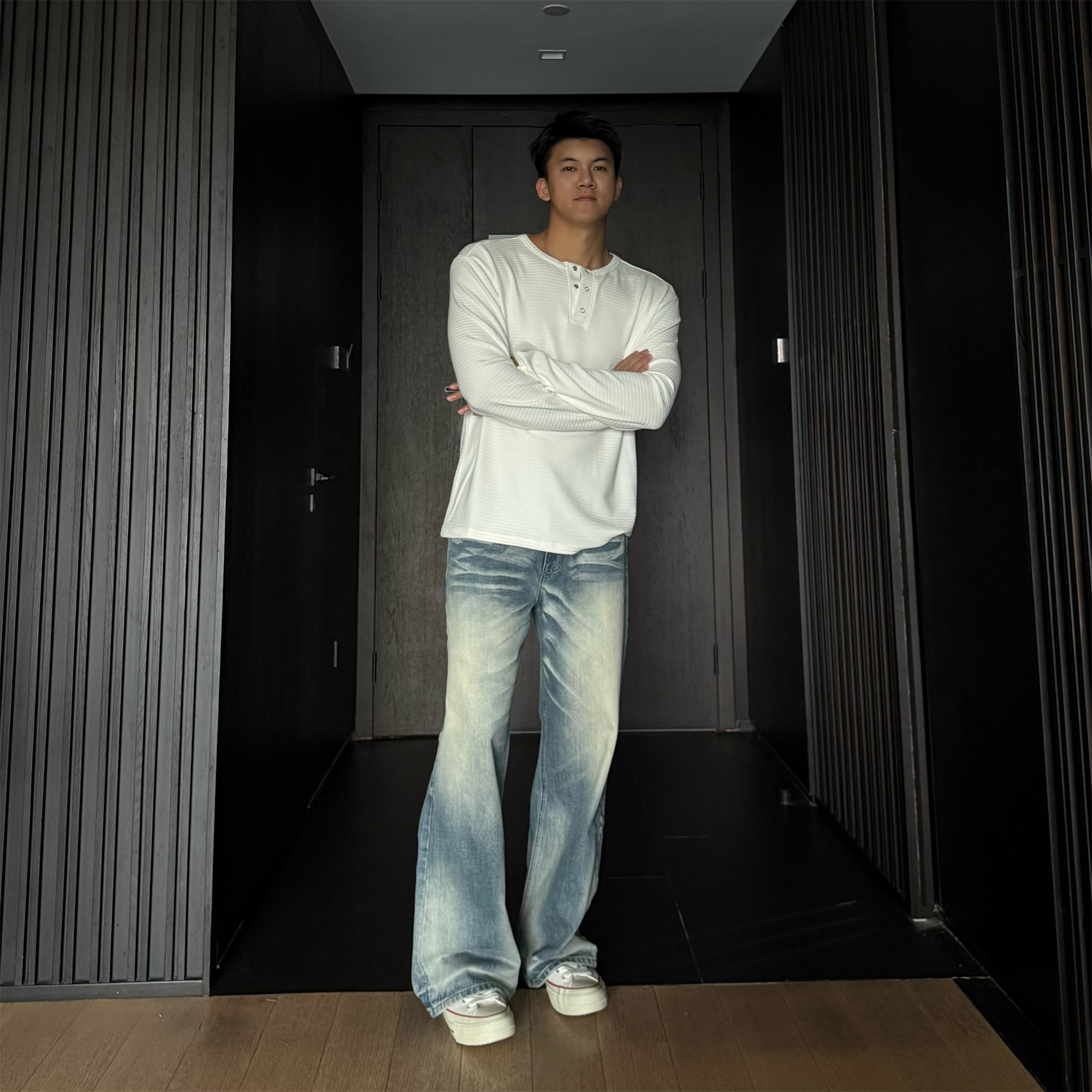 JZD美式复古做旧水洗直筒牛仔裤