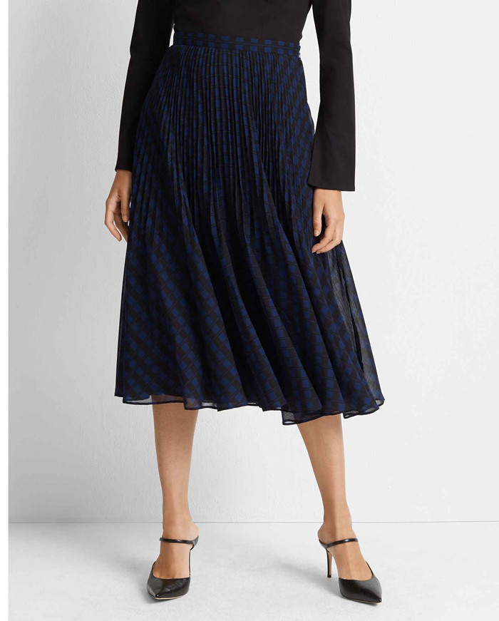 女士cm纯原单a字修身蓝色格子花纹百褶百搭半裙