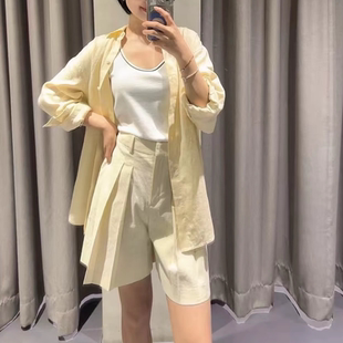 女士外貿藏青色杏色氣質通勤亞麻混紡輕薄高腰褶裥休閑四分短褲