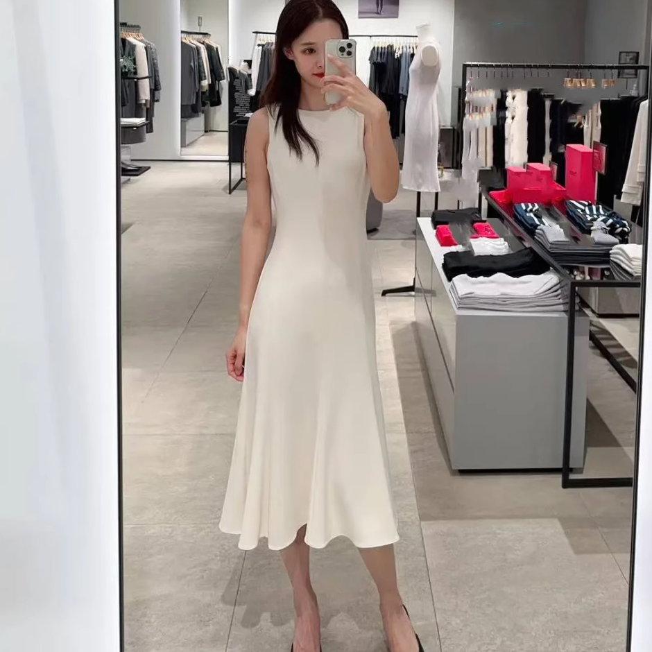 一字领鱼尾伞摆三醋酸无袖连衣裙