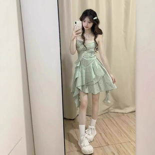 显瘦裙子不规则气质海边沙滩短裙 甜辣妹荷叶边吊带连衣裙仙女夏季