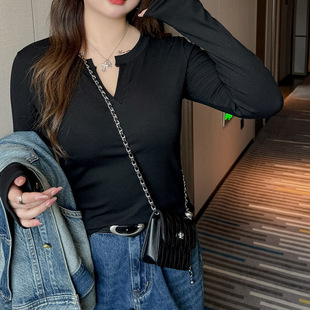 新款 上衣 女装 t恤修身 大码 内搭设计感长袖 螺纹V领打底衫 春秋季 女式
