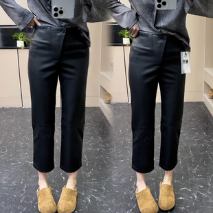 显瘦气质高级感九分直筒休闲裤 新款 女欧货2025冬季 黑色高腰PU皮裤