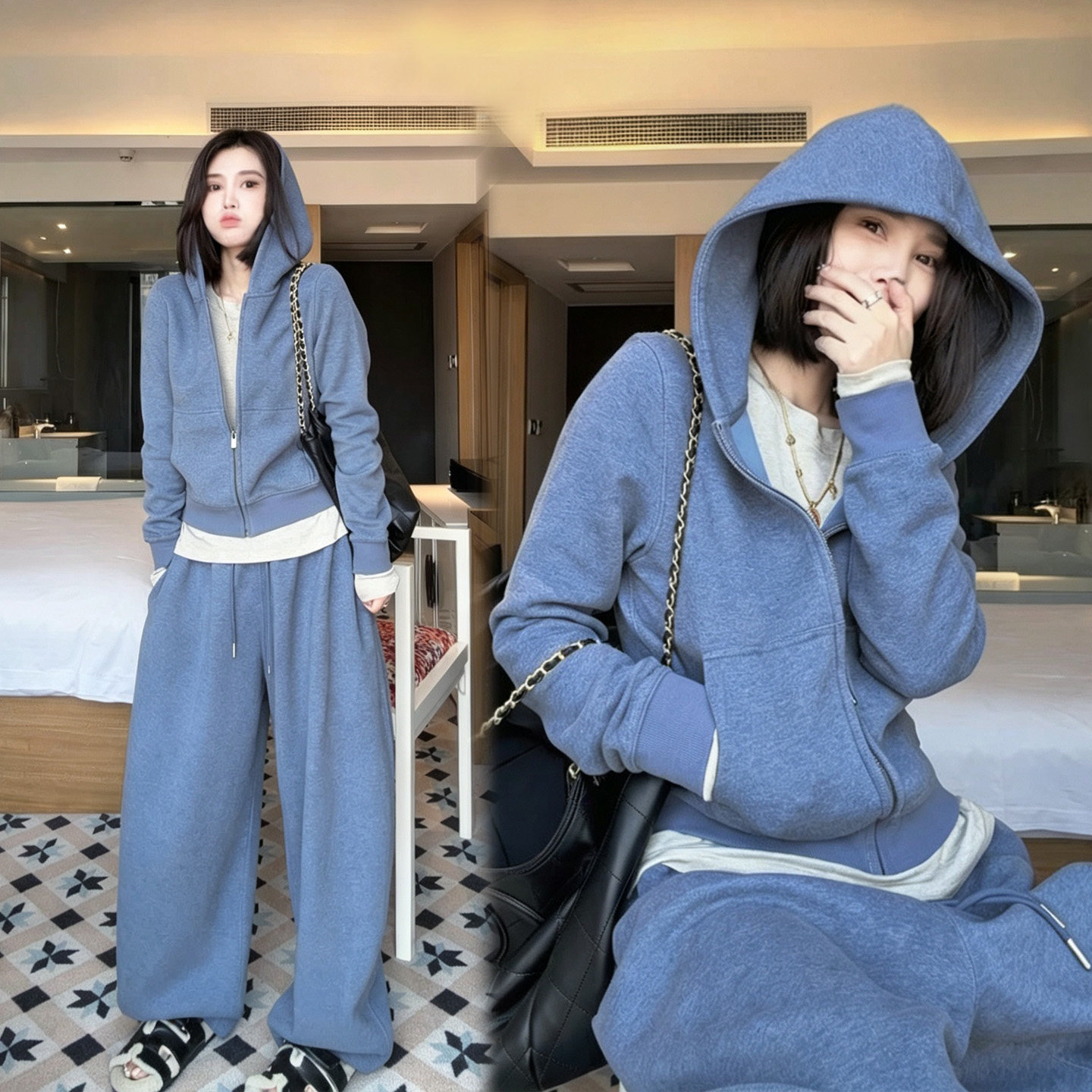 韩系休闲卫衣套装女2026秋季款连帽拉链外套阔腿裤两件套运动套装