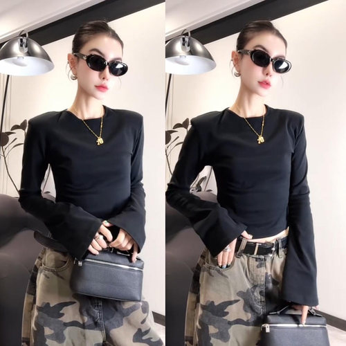 欧货秋冬新款时尚微喇叭袖t恤女