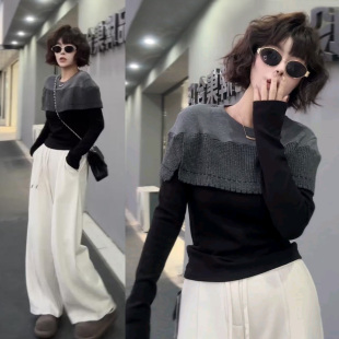 上衣潮 设计感小众长袖 欧货秋冬新款 拼接针织披肩假两件T恤女时尚
