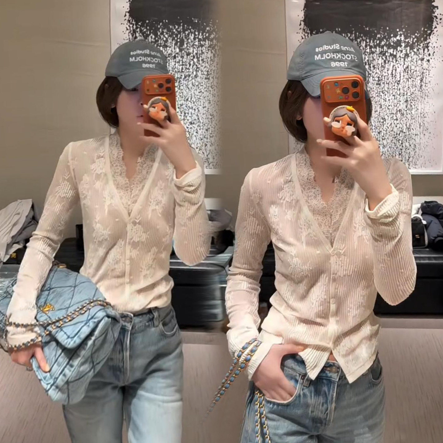 欧货V领蕾丝拼接显瘦打底衫女