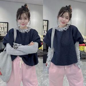 欧货秋冬2024新款小香风木耳边长袖打底衫+圆领宽松上衣两件套女