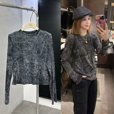 欧货复古晕染植绒长袖T恤女