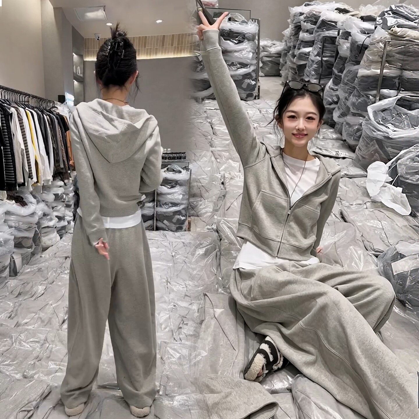 灰色连帽卫衣阔腿裤两件套女秋季慵懒风显瘦时尚运动套装休闲卫裤