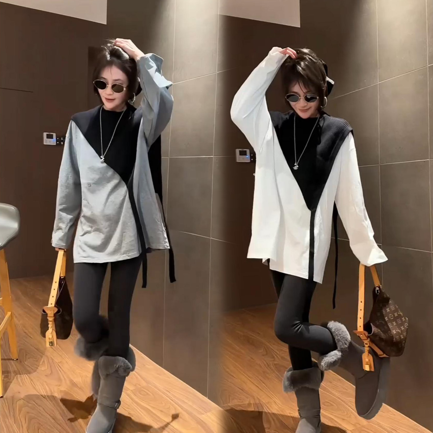 秋冬韩版宽松针织披肩长袖T恤女