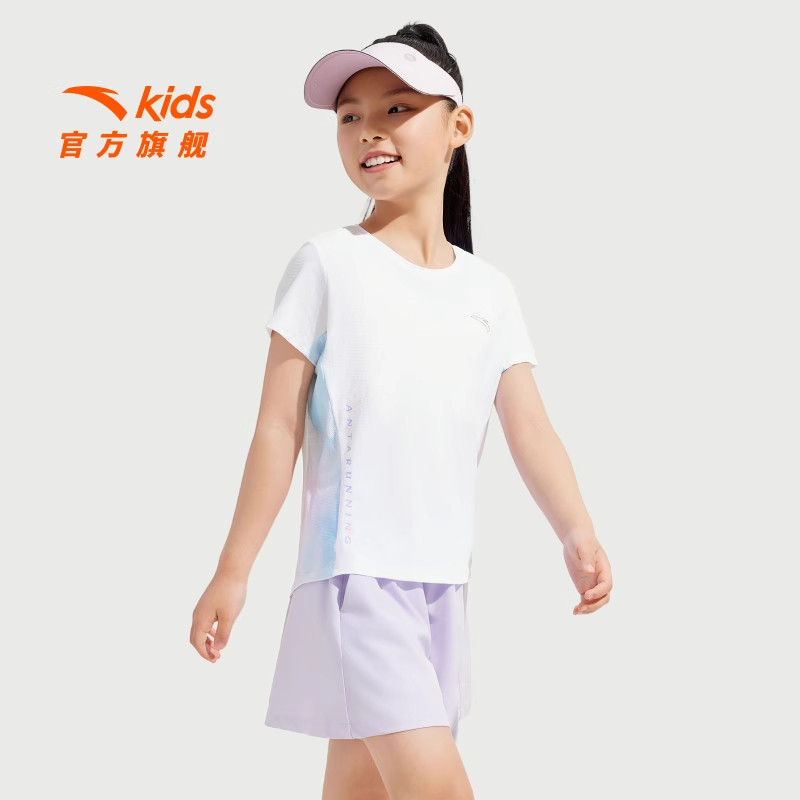 安踏儿童T恤女大童白色短袖衫2025夏新款透气运动速干上衣百搭女T