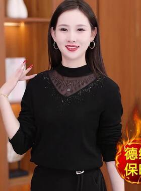 半高领烫钻蕾丝打底衫女新