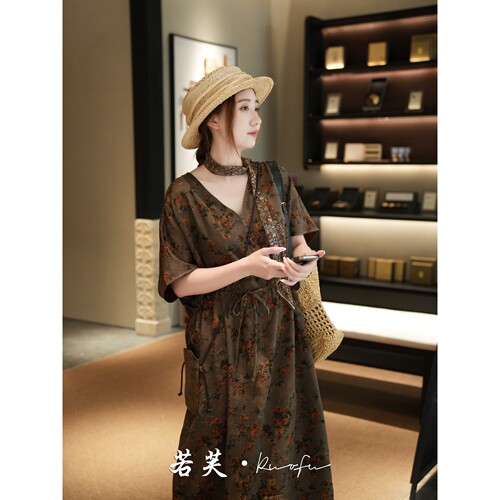 若芙夏季桑蚕丝香云纱印花连衣裙